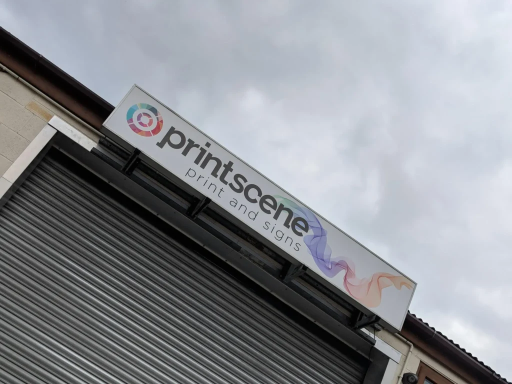 Exterior signage for Printscene Print and Signs shop in Alfreton.