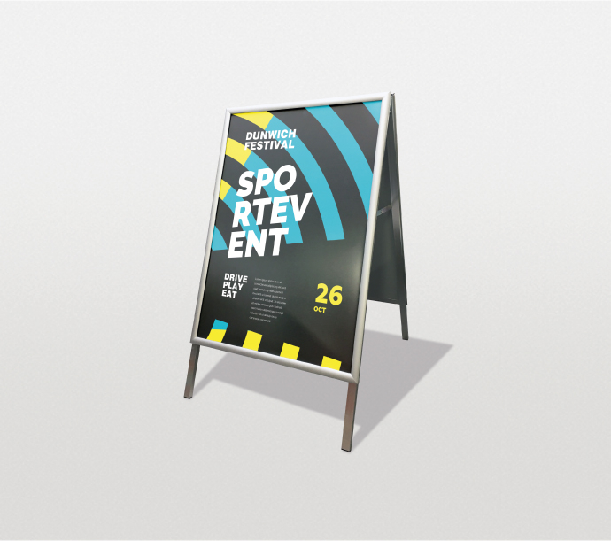 Silver snap-frame A-board displaying a printed full-colour event poster