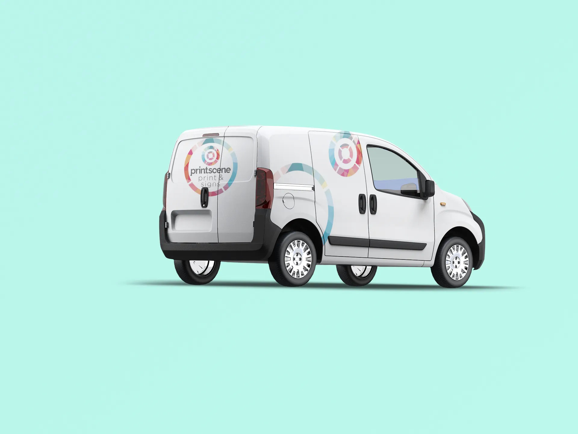 Printscene branded van mockup showing custom vehicle graphics