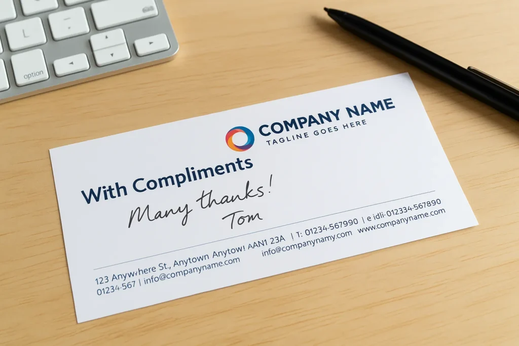 A printed compliment slip on a wooden desk beside a pen and keyboard