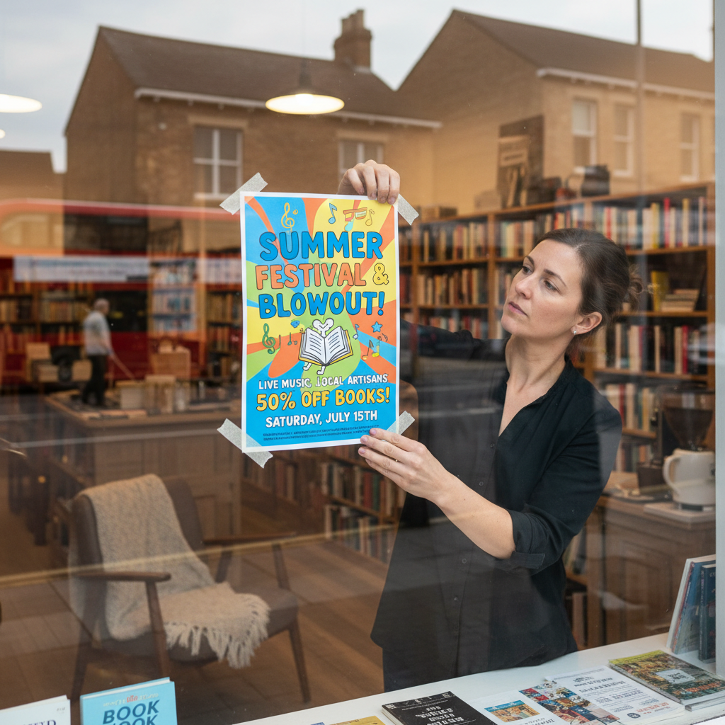 Local business owner putting a colourful promotional flyer on a shop window