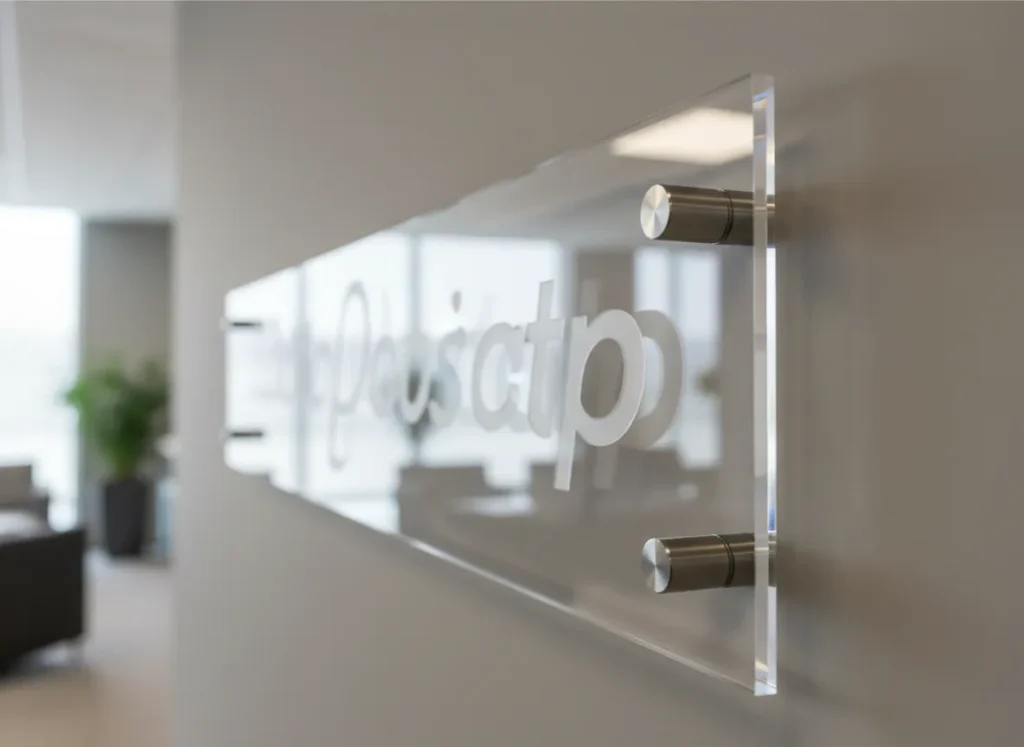 Acrylic sign mounted on an office reception wall