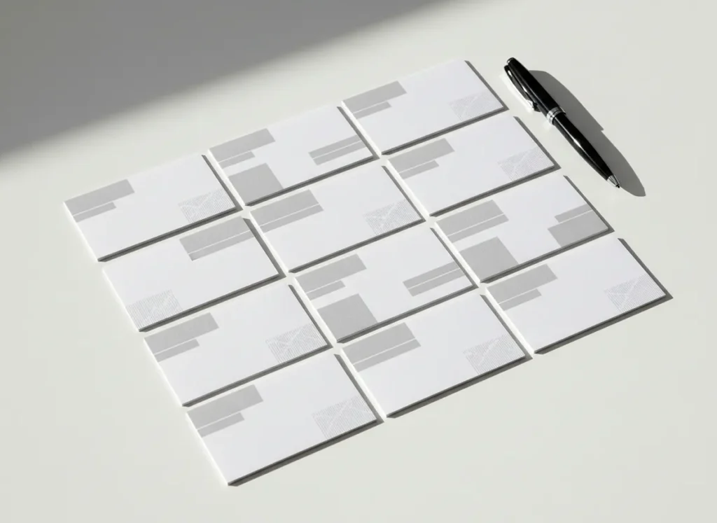 Flat lay of printed compliment slips for business stationery