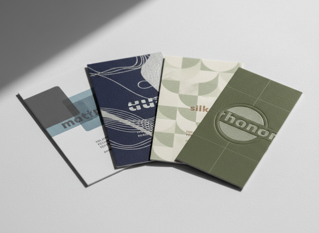Comparison of business card finishes including gloss and matte