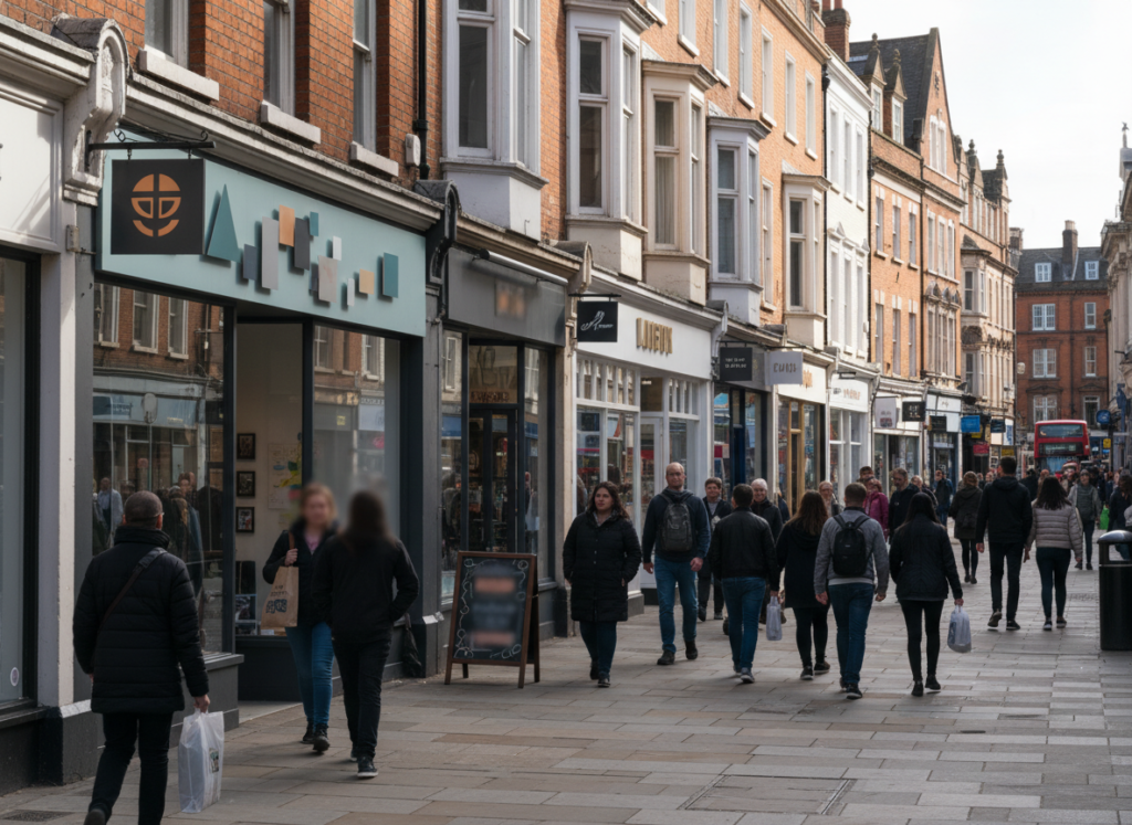 Range of business signs on a busy UK high street