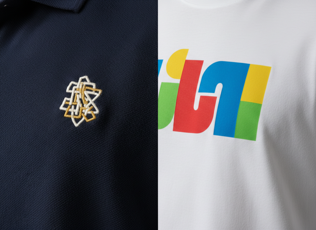 Side-by-side comparison of embroidered and printed workwear garments