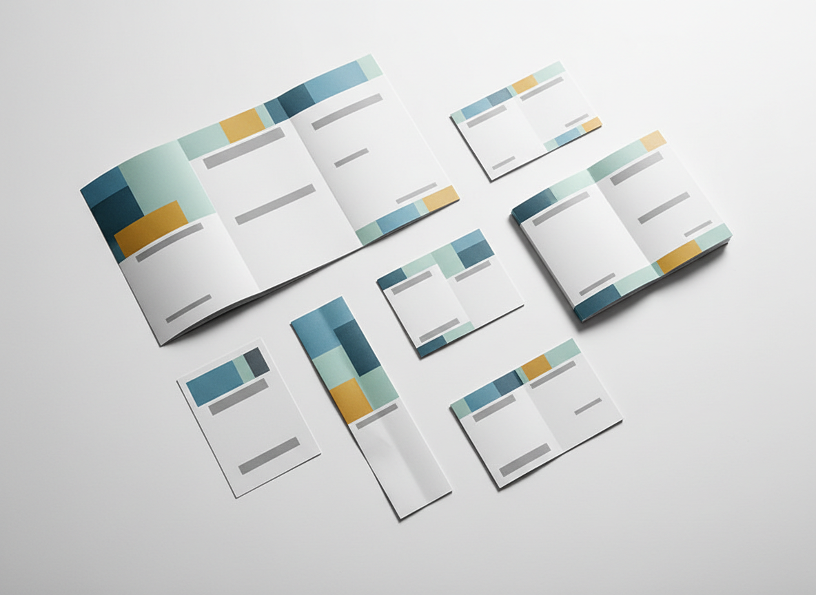Flat lay of printed leaflets and brochures