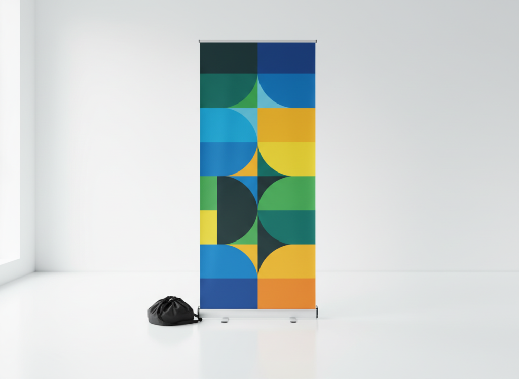 Roller banner displayed in an exhibition space