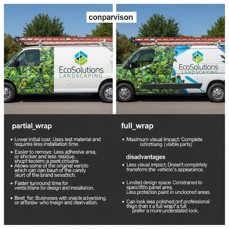 Two branded vans comparing part wrap and full vehicle wrap graphics