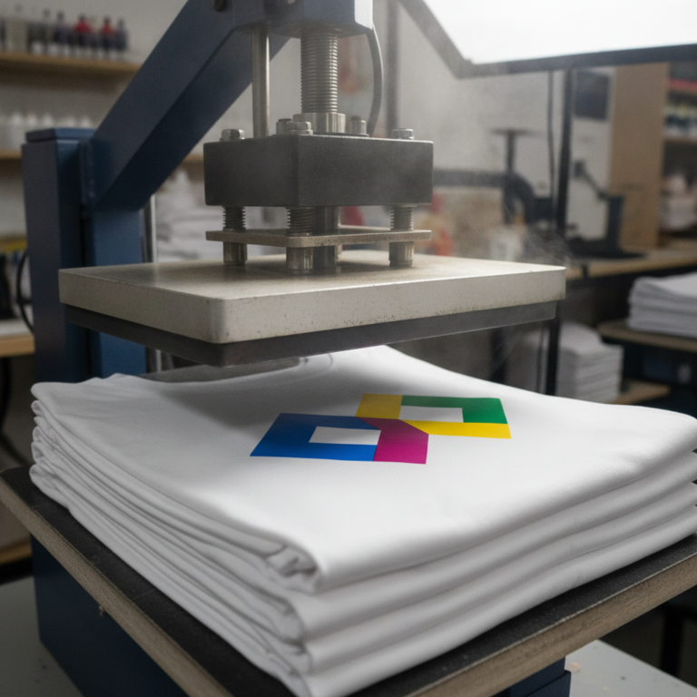 Custom printed t-shirts being heat-pressed with a logo in a professional print workshop