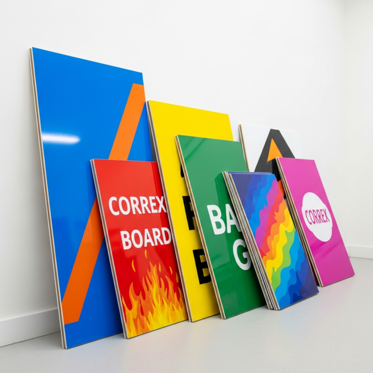 Correx signs printed for a business, showing weatherproof outdoor signage