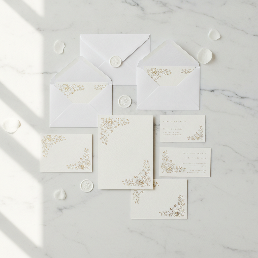 Cream wedding stationery suite with envelopes and wax seals laid out on marble